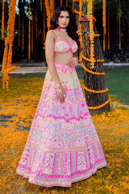 Rajbinder Chahal Pink Blouse And Lehenga Dupion Silk Dupatta Net V Neck Embroidered Bridal Set Online at Aza Fashions Rajbinder Chahal_Pink Blouse And Lehenga Dupion Silk Dupatta Net V Neck Embroidered Bridal Set _Online_at_Aza_Fashions