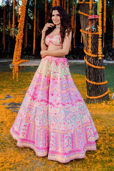 Buy Rajbinder Chahal Pink Blouse And Lehenga Dupion Silk Dupatta Net V Neck Embroidered Bridal Set Online at Aza Fashions Buy_Rajbinder Chahal_Pink Blouse And Lehenga Dupion Silk Dupatta Net V Neck Embroidered Bridal Set _Online_at_Aza_Fashions