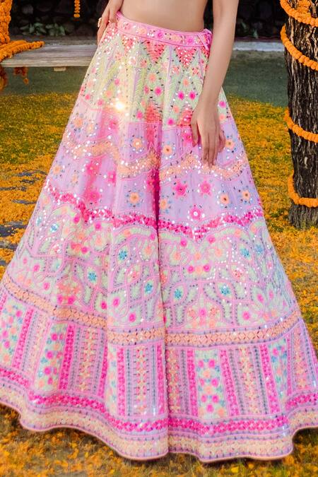 Shop Rajbinder Chahal Pink Blouse And Lehenga Dupion Silk Dupatta Net V Neck Embroidered Bridal Set Online at Aza Fashions Shop_Rajbinder Chahal_Pink Blouse And Lehenga Dupion Silk Dupatta Net V Neck Embroidered Bridal Set _Online_at_Aza_Fashions