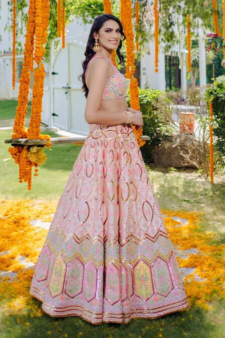 Rajbinder Chahal Peach Blouse And Lehenga Dupion Silk Dupatta Net V Neck Embroidered Bridal Set Online at Aza Fashions Rajbinder Chahal_Peach Blouse And Lehenga Dupion Silk Dupatta Net V Neck Embroidered Bridal Set _Online_at_Aza_Fashions