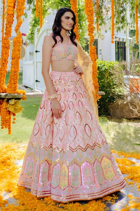Buy Rajbinder Chahal Peach Blouse And Lehenga Dupion Silk Dupatta Net V Neck Embroidered Bridal Set Online at Aza Fashions Buy_Rajbinder Chahal_Peach Blouse And Lehenga Dupion Silk Dupatta Net V Neck Embroidered Bridal Set _Online_at_Aza_Fashions