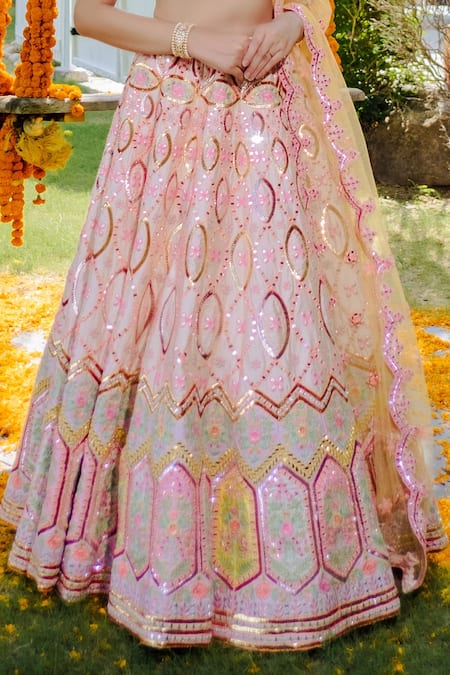 Shop Rajbinder Chahal Peach Blouse And Lehenga Dupion Silk Dupatta Net V Neck Embroidered Bridal Set Online at Aza Fashions Shop_Rajbinder Chahal_Peach Blouse And Lehenga Dupion Silk Dupatta Net V Neck Embroidered Bridal Set _Online_at_Aza_Fashions