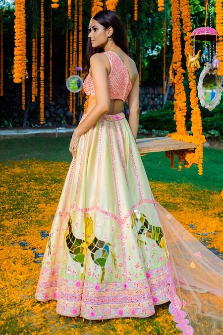 Shop Rajbinder Chahal Green Blouse And Lehenga Dupion Silk Dupatta Net One Shoulder Embroidered Set at Aza Fashions Shop_Rajbinder Chahal_Green Blouse And Lehenga Dupion Silk Dupatta Net One Shoulder Embroidered Set _at_Aza_Fashions