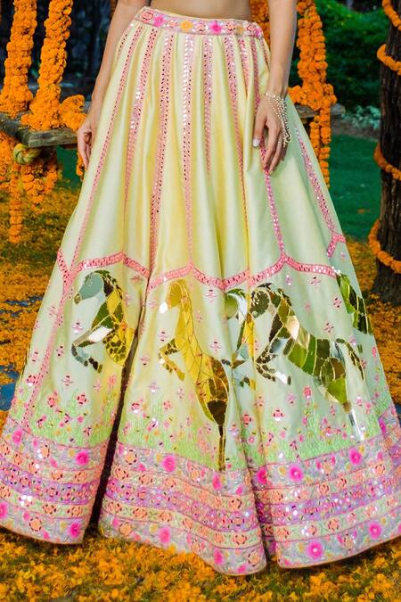 Shop Rajbinder Chahal Green Blouse And Lehenga Dupion Silk Dupatta Net One Shoulder Embroidered Set Online at Aza Fashions Shop_Rajbinder Chahal_Green Blouse And Lehenga Dupion Silk Dupatta Net One Shoulder Embroidered Set _Online_at_Aza_Fashions