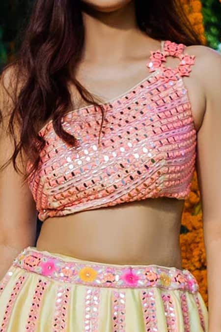 Rajbinder Chahal Green Blouse And Lehenga Dupion Silk Dupatta Net One Shoulder Embroidered Set at Aza Fashions Rajbinder Chahal_Green Blouse And Lehenga Dupion Silk Dupatta Net One Shoulder Embroidered Set _at_Aza_Fashions