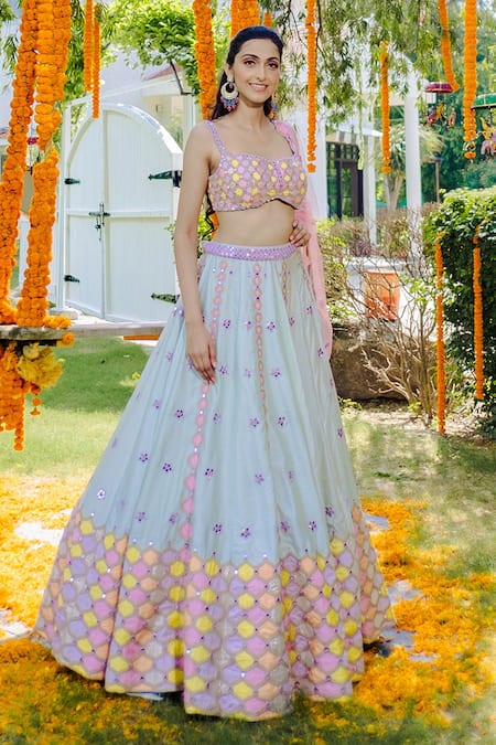 Rajbinder Chahal Green Blouse And Lehenga Dupion Silk Dupatta Net Square Embroidered Bridal Set Online at Aza Fashions Rajbinder Chahal_Green Blouse And Lehenga Dupion Silk Dupatta Net Square Embroidered Bridal Set _Online_at_Aza_Fashions