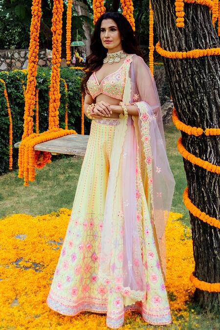 Shop_Rajbinder Chahal_Yellow Blouse And Sharara Dupion Silk Dupatta Net Leaf Neck Embroidered Set _at_Aza_Fashions