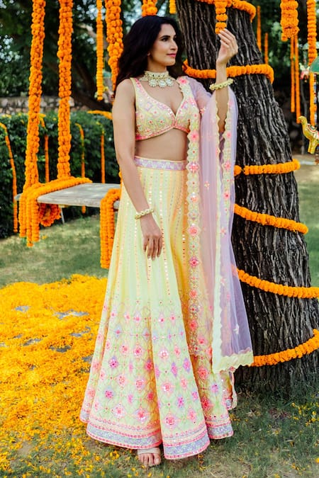 Rajbinder Chahal_Yellow Blouse And Sharara Dupion Silk Dupatta Net Leaf Neck Embroidered Set _Online_at_Aza_Fashions