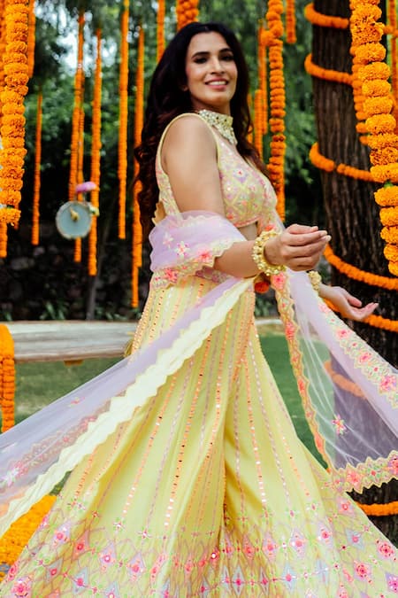 Buy_Rajbinder Chahal_Yellow Blouse And Sharara Dupion Silk Dupatta Net Leaf Neck Embroidered Set _Online_at_Aza_Fashions