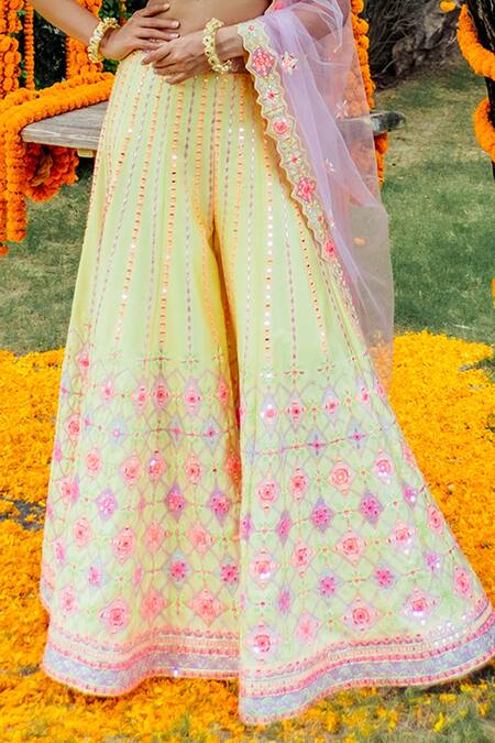 Shop_Rajbinder Chahal_Yellow Blouse And Sharara Dupion Silk Dupatta Net Leaf Neck Embroidered Set _Online_at_Aza_Fashions