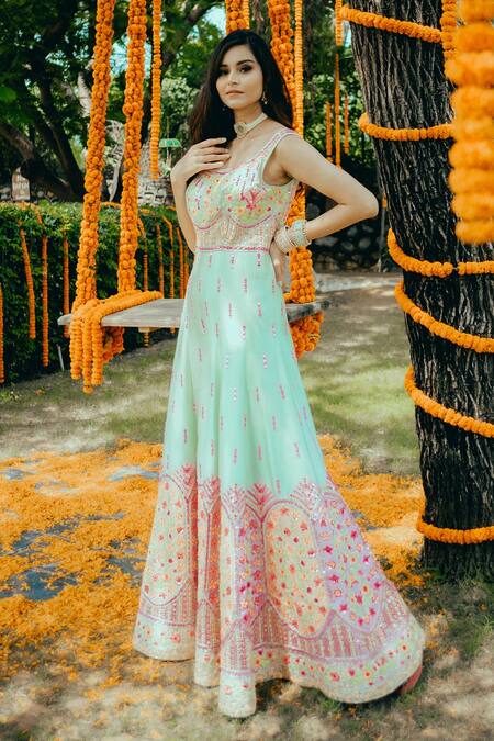 Rajbinder Chahal_Green Dupion Silk Scoop Neck Embroidered Jumpsuit _Online_at_Aza_Fashions