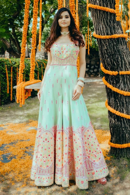 Buy_Rajbinder Chahal_Green Dupion Silk Scoop Neck Embroidered Jumpsuit _Online_at_Aza_Fashions