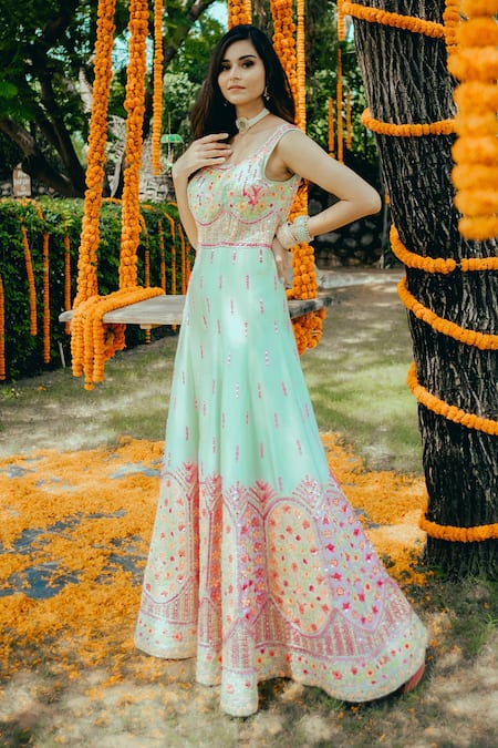 Shop_Rajbinder Chahal_Green Dupion Silk Scoop Neck Embroidered Jumpsuit _Online_at_Aza_Fashions