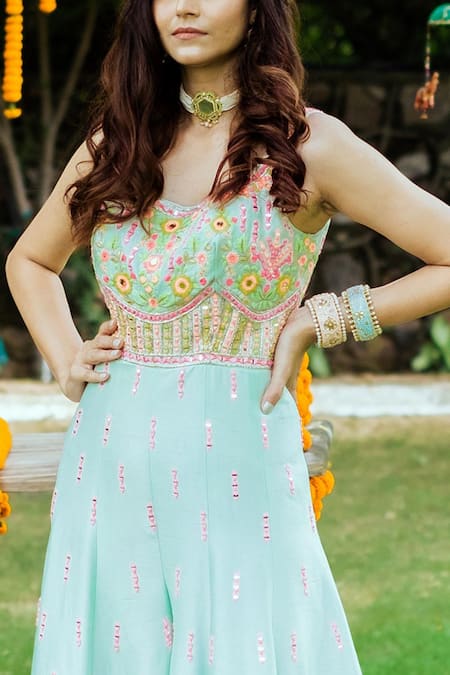 Rajbinder Chahal_Green Dupion Silk Scoop Neck Embroidered Jumpsuit _at_Aza_Fashions