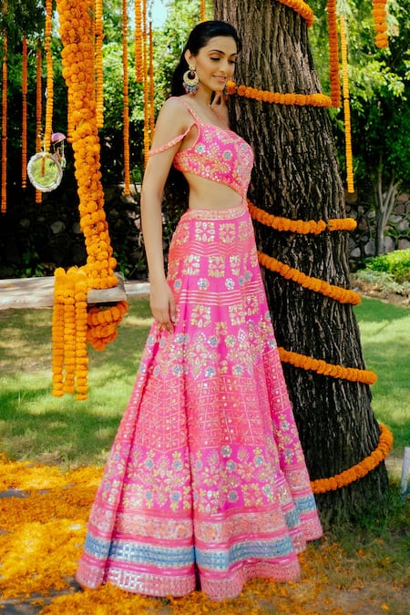Rajbinder Chahal_Pink Dupion Silk Square Neck Embroidered Cutout Jumpsuit _Online_at_Aza_Fashions