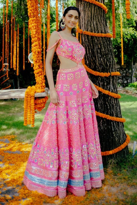 Buy_Rajbinder Chahal_Pink Dupion Silk Square Neck Embroidered Cutout Jumpsuit _Online_at_Aza_Fashions