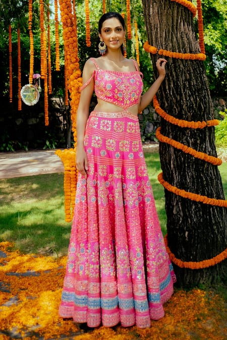 Shop_Rajbinder Chahal_Pink Dupion Silk Square Neck Embroidered Cutout Jumpsuit _Online_at_Aza_Fashions