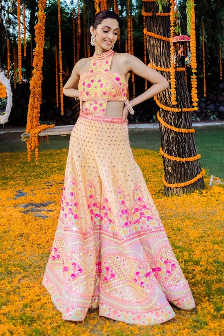 Rajbinder Chahal_Yellow Dupion Silk Round Embroidered Cutout Jumpsuit _Online_at_Aza_Fashions