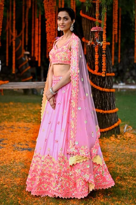 Rajbinder Chahal_Pink Blouse And Lehenga Dupion Silk Dupatta Net Leaf Embroidered Bridal Set _Online_at_Aza_Fashions