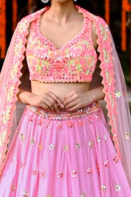 Shop_Rajbinder Chahal_Pink Blouse And Lehenga Dupion Silk Dupatta Net Leaf Embroidered Bridal Set _Online_at_Aza_Fashions