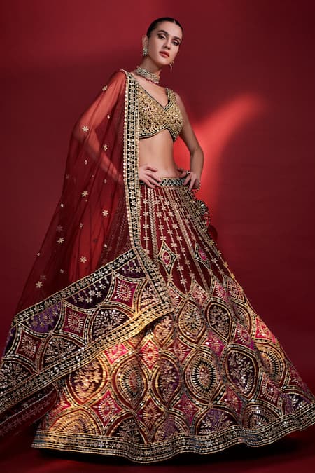 Wine Bridal Lehenga Choli with Golden Embroidery Seems Gorgeous at Best  Price in Surat