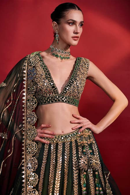 Buy_Angad Singh_Green Lehenga And Blouse Organza Dupatta Net V Neck Embroidered Bridal Set _Online_at_Aza_Fashions
