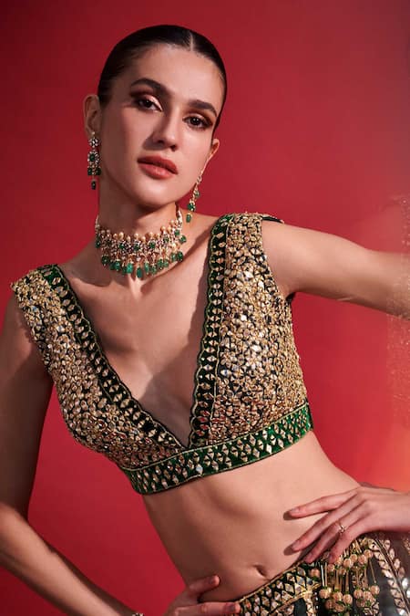 Shop_Angad Singh_Green Lehenga And Blouse Organza Dupatta Net V Neck Embroidered Bridal Set _Online_at_Aza_Fashions