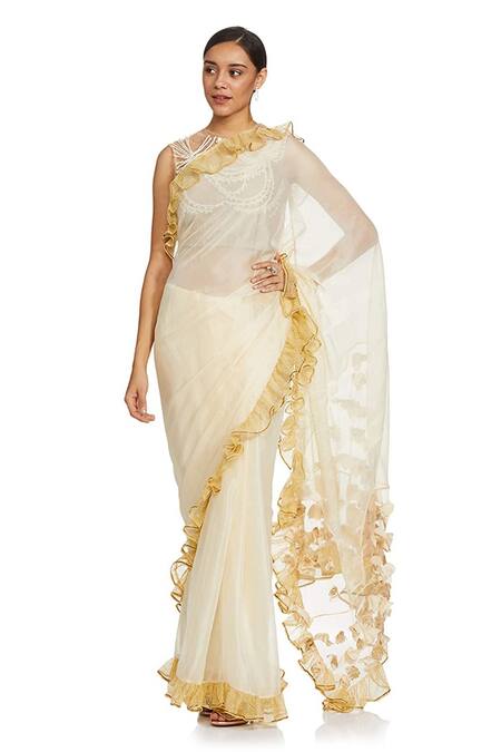 Rina Dhaka White Applique Saree With Blouse