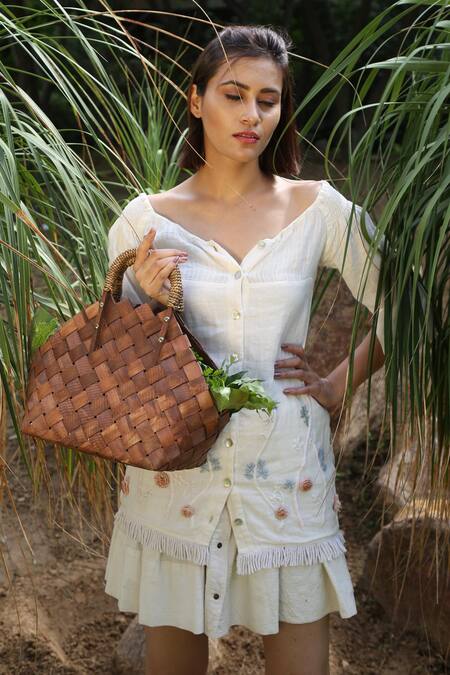 Rina Dhaka_White Linen Embroidered Top_Online_at_Aza_Fashions