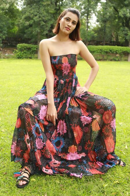 Rina Dhaka_Black Floral Pattern Straight Neckline Printed Dress_Online_at_Aza_Fashions