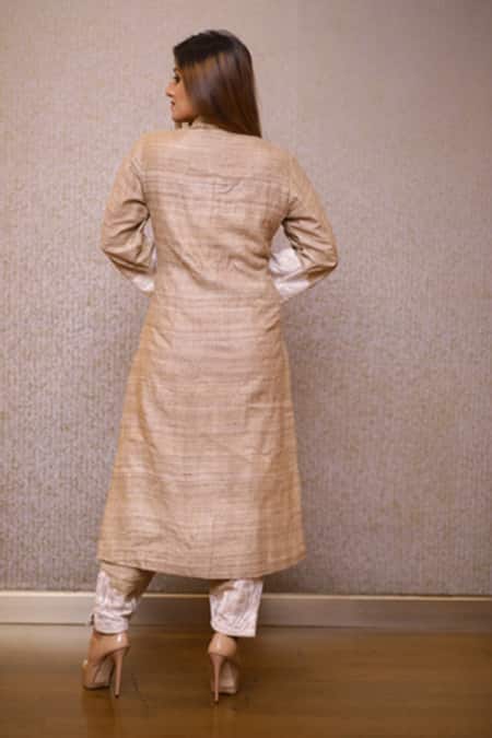Shop Rina Dhaka Beige Organic Handloom Cotton Leaf Mandarin Collar Kurta And Pant Set at Aza Fashions Shop_Rina Dhaka_Beige Organic Handloom Cotton Leaf Mandarin Collar Kurta And Pant Set _at_Aza_Fashions