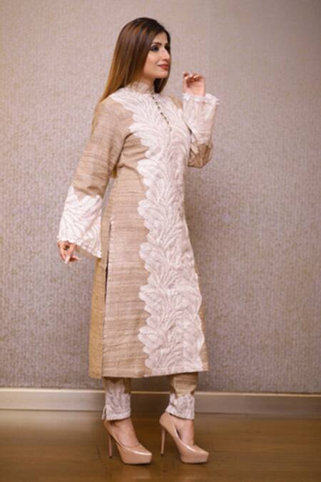 Rina Dhaka Beige Organic Handloom Cotton Leaf Mandarin Collar Kurta And Pant Set Online at Aza Fashions Rina Dhaka_Beige Organic Handloom Cotton Leaf Mandarin Collar Kurta And Pant Set _Online_at_Aza_Fashions