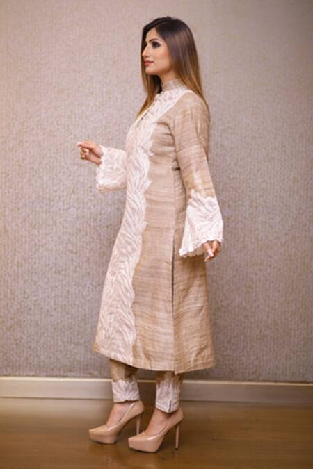 Buy Rina Dhaka Beige Organic Handloom Cotton Leaf Mandarin Collar Kurta And Pant Set Online at Aza Fashions Buy_Rina Dhaka_Beige Organic Handloom Cotton Leaf Mandarin Collar Kurta And Pant Set _Online_at_Aza_Fashions
