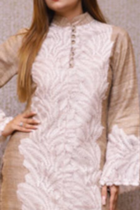 Shop Rina Dhaka Beige Organic Handloom Cotton Leaf Mandarin Collar Kurta And Pant Set Online at Aza Fashions Shop_Rina Dhaka_Beige Organic Handloom Cotton Leaf Mandarin Collar Kurta And Pant Set _Online_at_Aza_Fashions