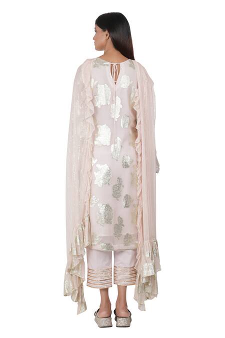 Shop Rina Dhaka Pink Lurex Georgette Embroidery Round Printed Kurta Set at Aza Fashions Shop_Rina Dhaka_Pink Lurex Georgette Embroidery Round Printed Kurta Set _at_Aza_Fashions