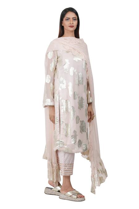 Rina Dhaka Pink Lurex Georgette Embroidery Round Printed Kurta Set Online at Aza Fashions Rina Dhaka_Pink Lurex Georgette Embroidery Round Printed Kurta Set _Online_at_Aza_Fashions