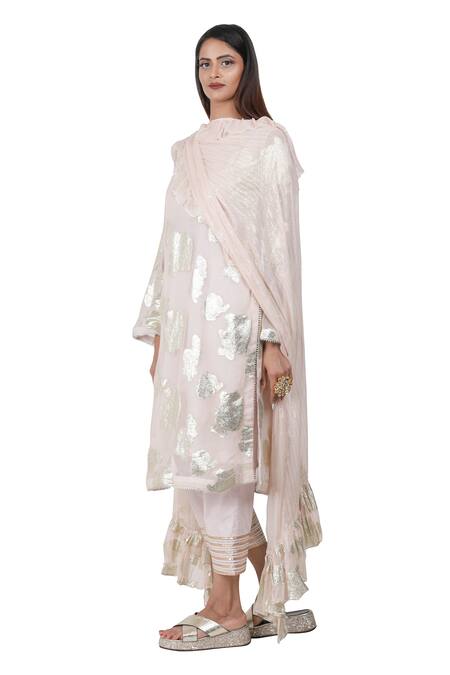 Shop Rina Dhaka Pink Lurex Georgette Embroidery Round Printed Kurta Set Online at Aza Fashions Shop_Rina Dhaka_Pink Lurex Georgette Embroidery Round Printed Kurta Set _Online_at_Aza_Fashions