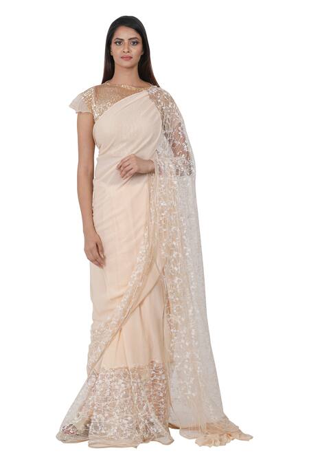 Buy_Rina Dhaka_Peach Embroidered Saree With Blouse_Online_at_Aza_Fashions