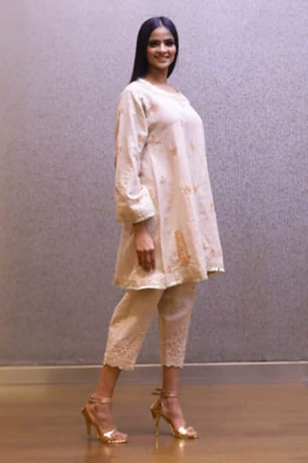 Rina Dhaka_Peach Organic Handloom Cotton Kurta And Pant Set_Online_at_Aza_Fashions