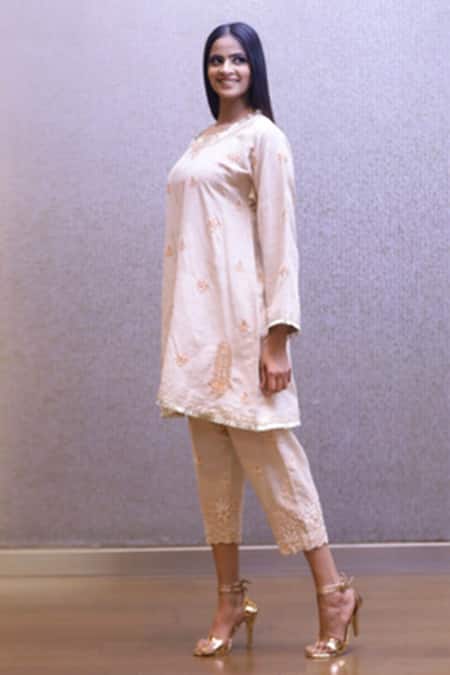 Buy_Rina Dhaka_Peach Organic Handloom Cotton Kurta And Pant Set_Online_at_Aza_Fashions