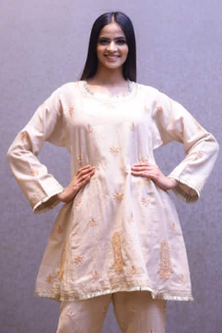 Shop_Rina Dhaka_Peach Organic Handloom Cotton Kurta And Pant Set_Online_at_Aza_Fashions