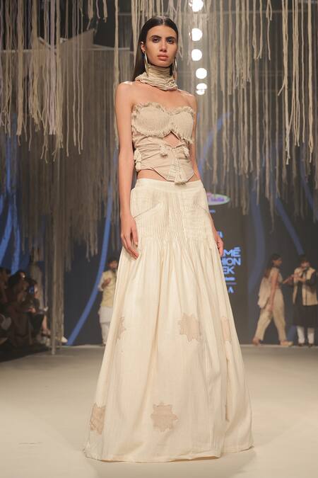 Rina Dhaka_Beige Organic Sustainable Cotton Pleated Lehenga_Online_at_Aza_Fashions