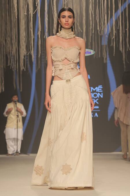 Shop_Rina Dhaka_Beige Organic Sustainable Cotton Pleated Lehenga_Online_at_Aza_Fashions