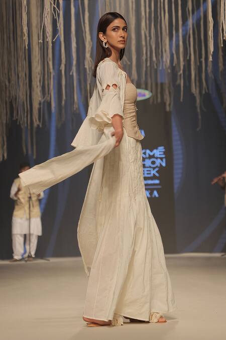 Shop_Rina Dhaka_Beige Cotton Pleated Palazzo_Online_at_Aza_Fashions