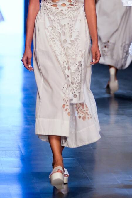 Shop_Rina Dhaka_White Cotton Chakra Laser Cut Wide Pants_Online_at_Aza_Fashions