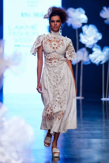 Rina Dhaka_White Cotton Chakra Laser Cut Wide Pants_Online_at_Aza_Fashions