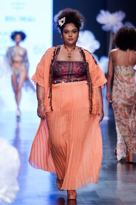 Rina Dhaka_Orange Plisse Mirror Work Pleated Long Skirt_Online_at_Aza_Fashions