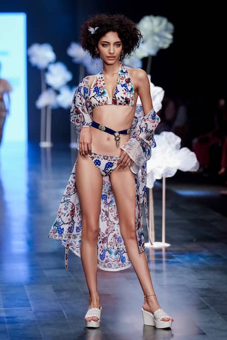 Rina Dhaka_White Organza Peacock Print Halter Neck Bikini Top _Online_at_Aza_Fashions