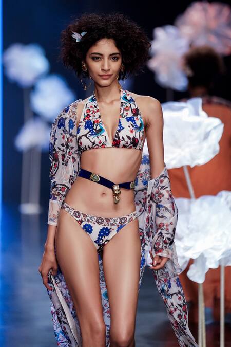 Buy_Rina Dhaka_White Organza Peacock Print Halter Neck Bikini Top _Online_at_Aza_Fashions