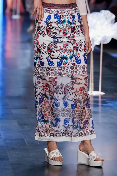 Rina Dhaka_White Spandex And Organza Peacock Print Skirt_Online_at_Aza_Fashions